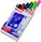 Six Edding chalk markers in different colours in an opened package, suitable for glass and other smooth surfaces.