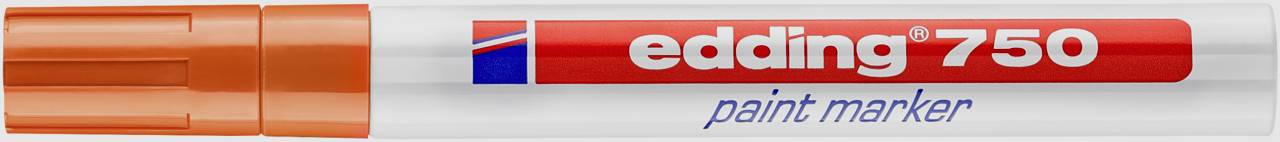 An orange 'edding 750' paint marker with red, blue and white design on the barrel.