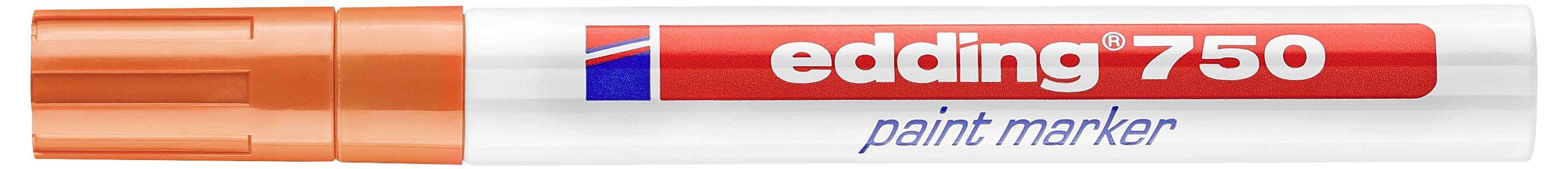 An orange and white Edding 750 paint marker pen labeled 'edding 750' and 'paint marker'.