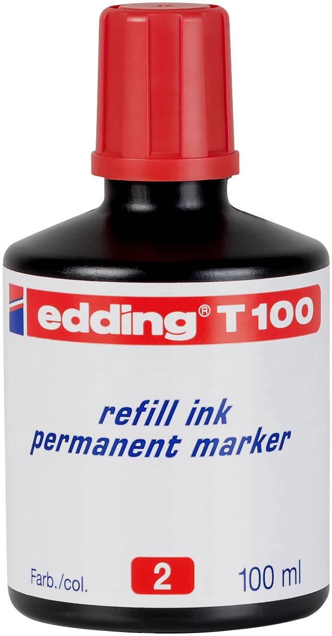 A bottle of refill ink for permanent markers, edding T 100 brand, 100 ml, with red cap, red ink colour.