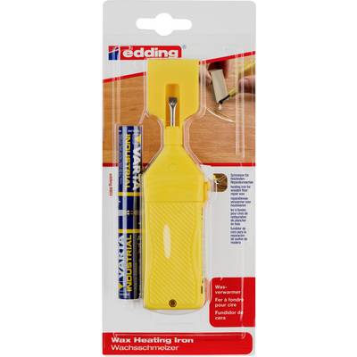 'Wax Melter by edding' in blister pack. Yellow tool for heating wax sticks. Pictured with two wax sticks.