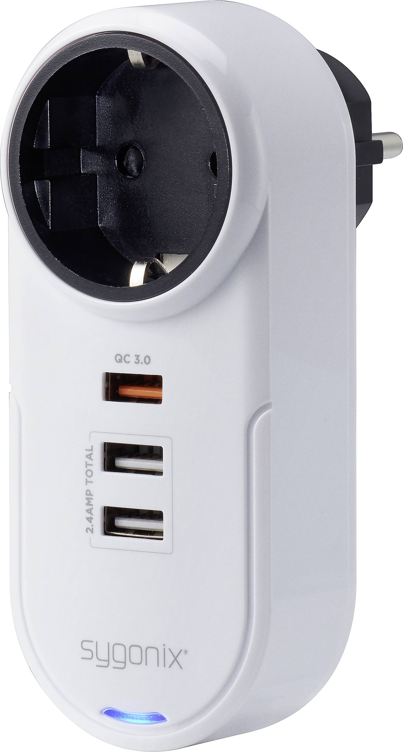 A white socket adapter device with two USB ports and one USB-C port, labelled 'sygonix'.