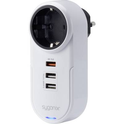 A white socket adapter device with two USB ports and one USB-C port, labelled 'sygonix'.