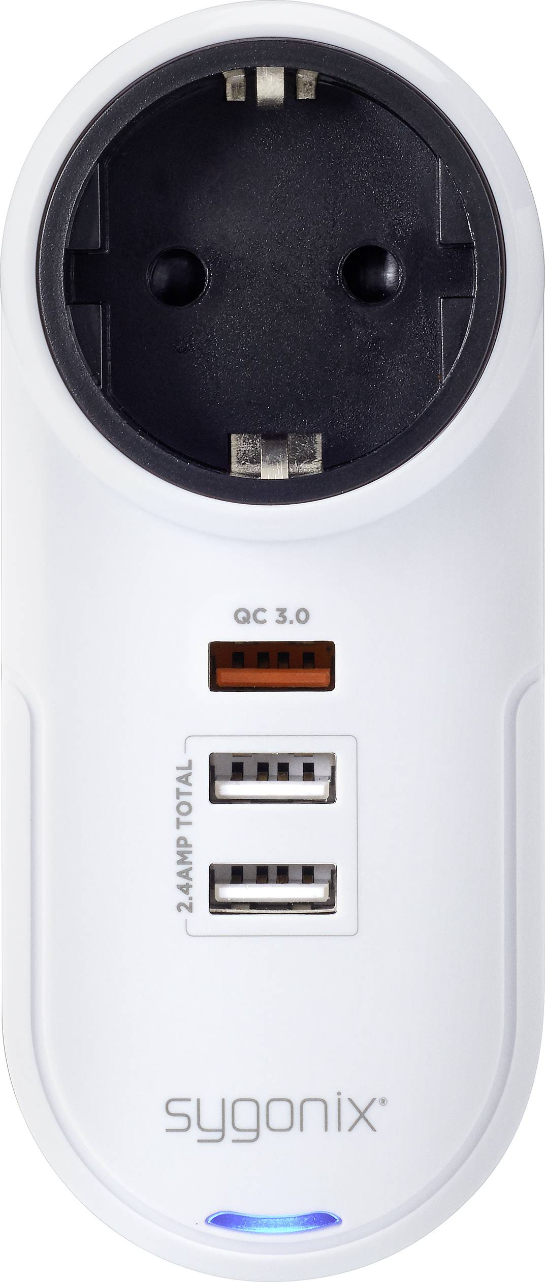 Power socket with integrated USB charging function, two USB ports, labelled 'QC 3.0' and '2.4 AMP TOTAL'.