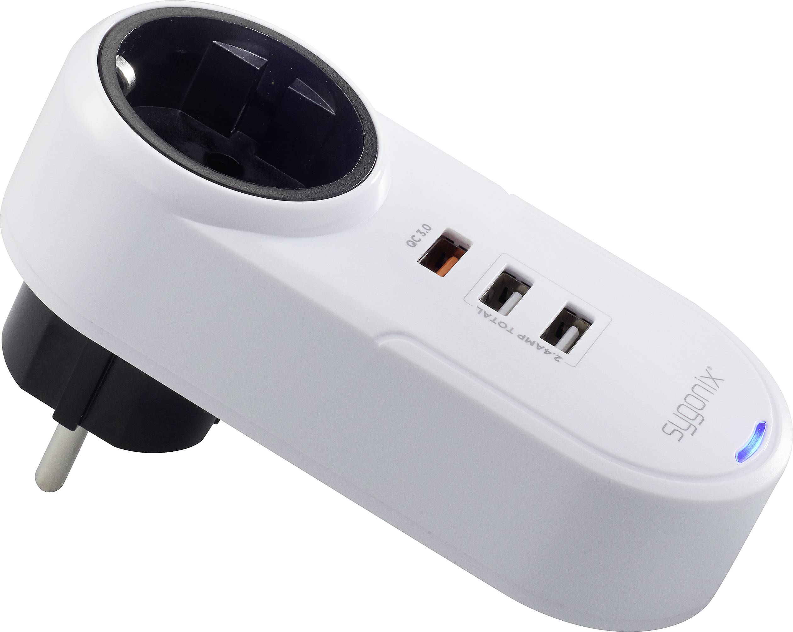 A white plug adapter with a socket and two USB ports, suitable for use in a standard electrical socket.