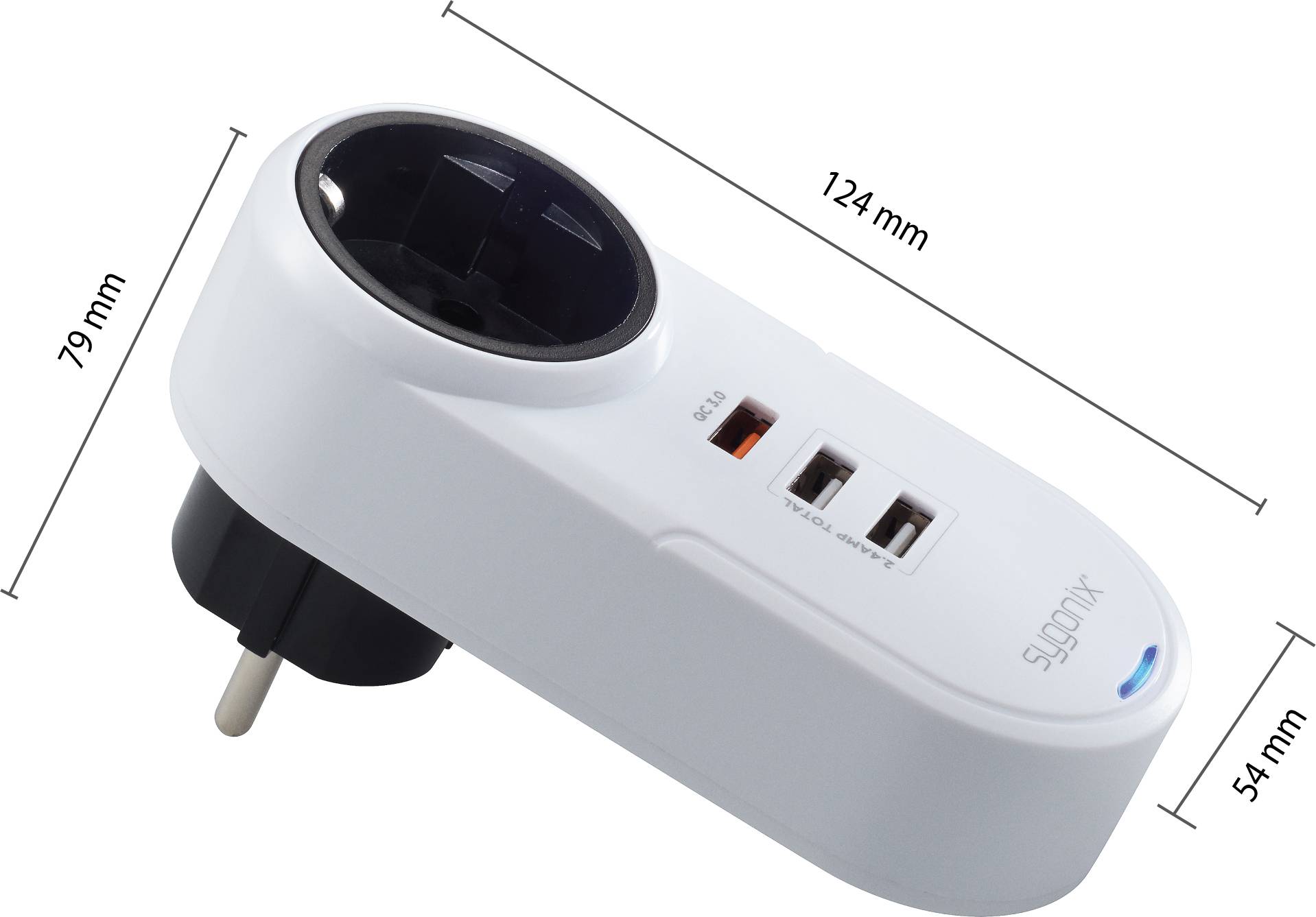 'Intelligent plug socket with three USB ports and European plug. Dimensions: 124 mm x 54 mm x 79 mm. White colour.'