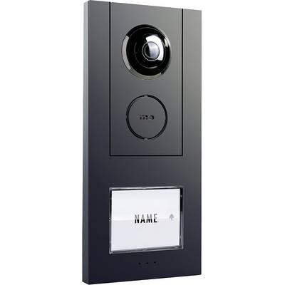 Black video intercom with camera and doorbell button. A nameplate displays 'Name'. Ideal for front door monitoring and communication.