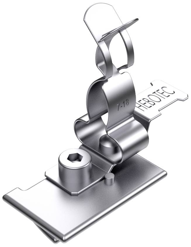 Metallic cable clip with Hebotec logo for securing solar cables on roofs, showing the design and mounting solution.