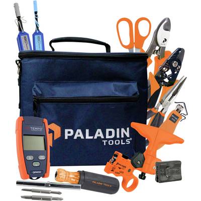 Tool bag by Paladin Tools, filled with various electrical tools, including pliers, screwdrivers and measuring device.