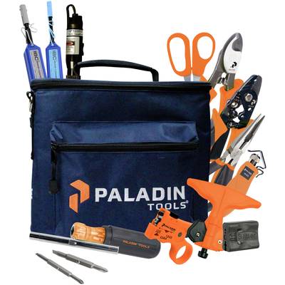 Tool bag with 'PALADIN TOOLS' logo, filled with various tools such as scissors, pliers and screwdriver bits.