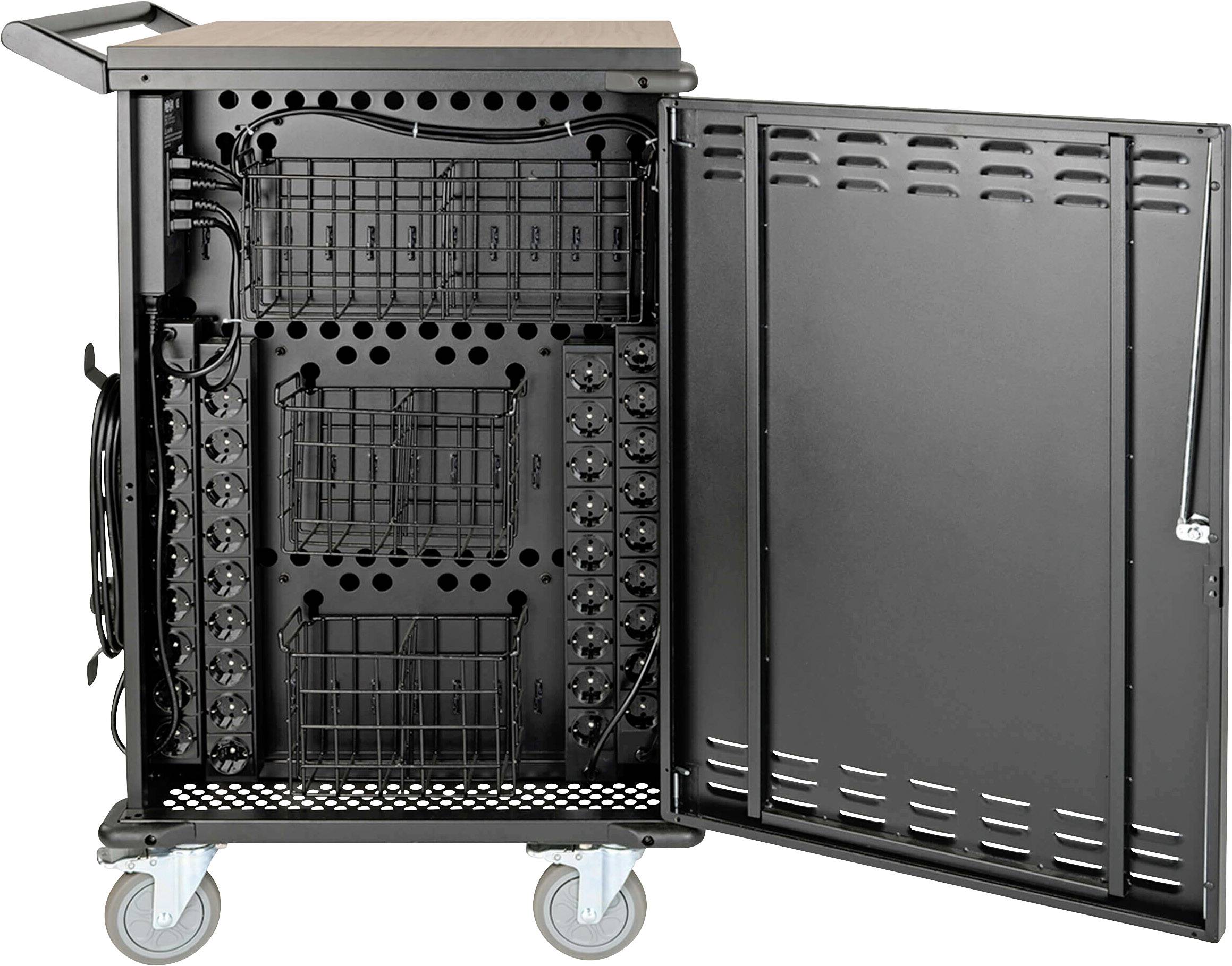 Closed black charging cabinet on wheels with power strips and cables, door open, revealing charging compartments and cable storage.