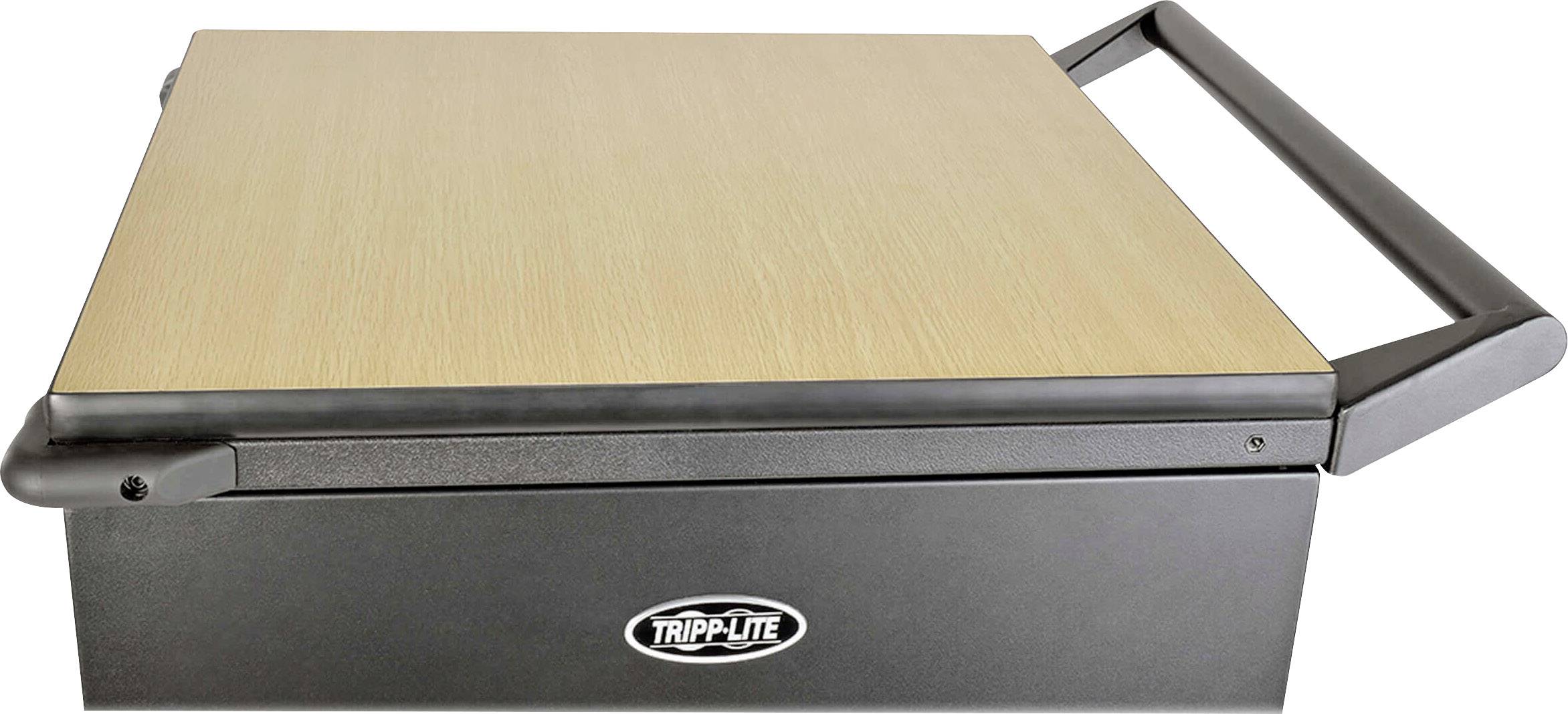 A black Tripp Lite server cabinet with a wooden lid. The cabinet has handles on its sides.