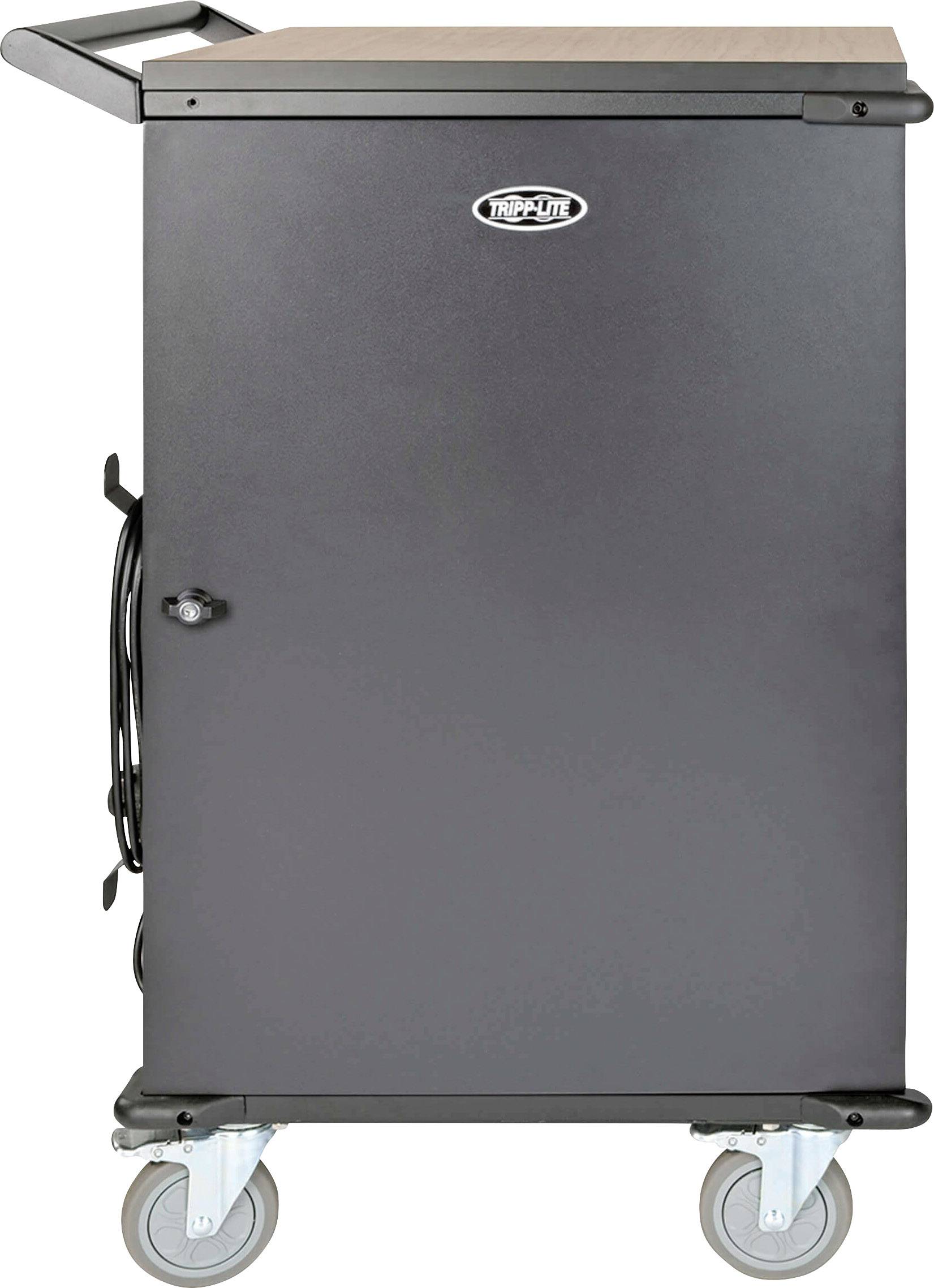 Black mobile cabinet with wooden top and four wheels. On the left side is a cable holder, and on top, a handle for moving the cabinet.