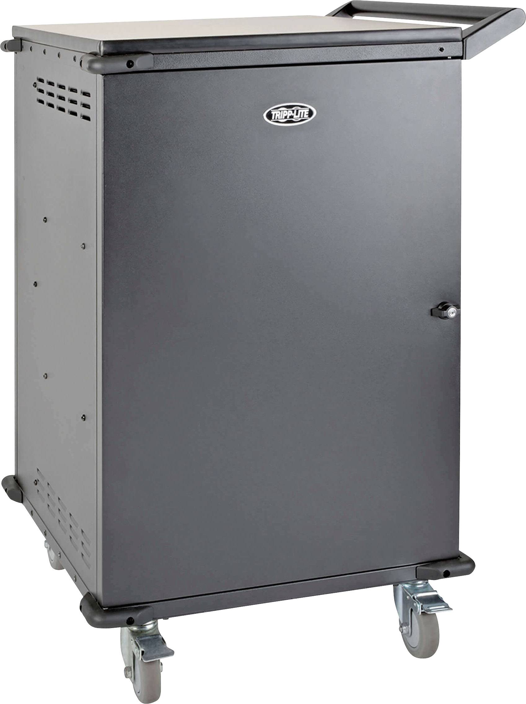 Mobile metal cabinet with four wheels, two of which are steerable. The cabinet has a lockable door and handles on both sides.