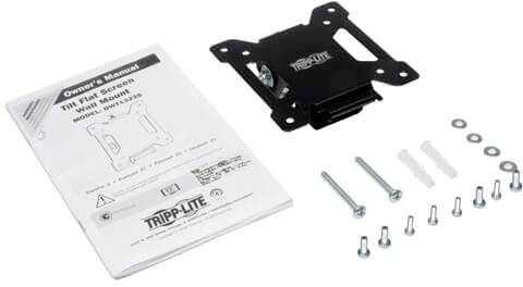 Wall mount for flat screens including mounting instructions, screws, wall plugs, and washers. Brand name visible on the mount.