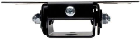 Metal bracket with screws and joints for adjusting or securing objects to flat surfaces.