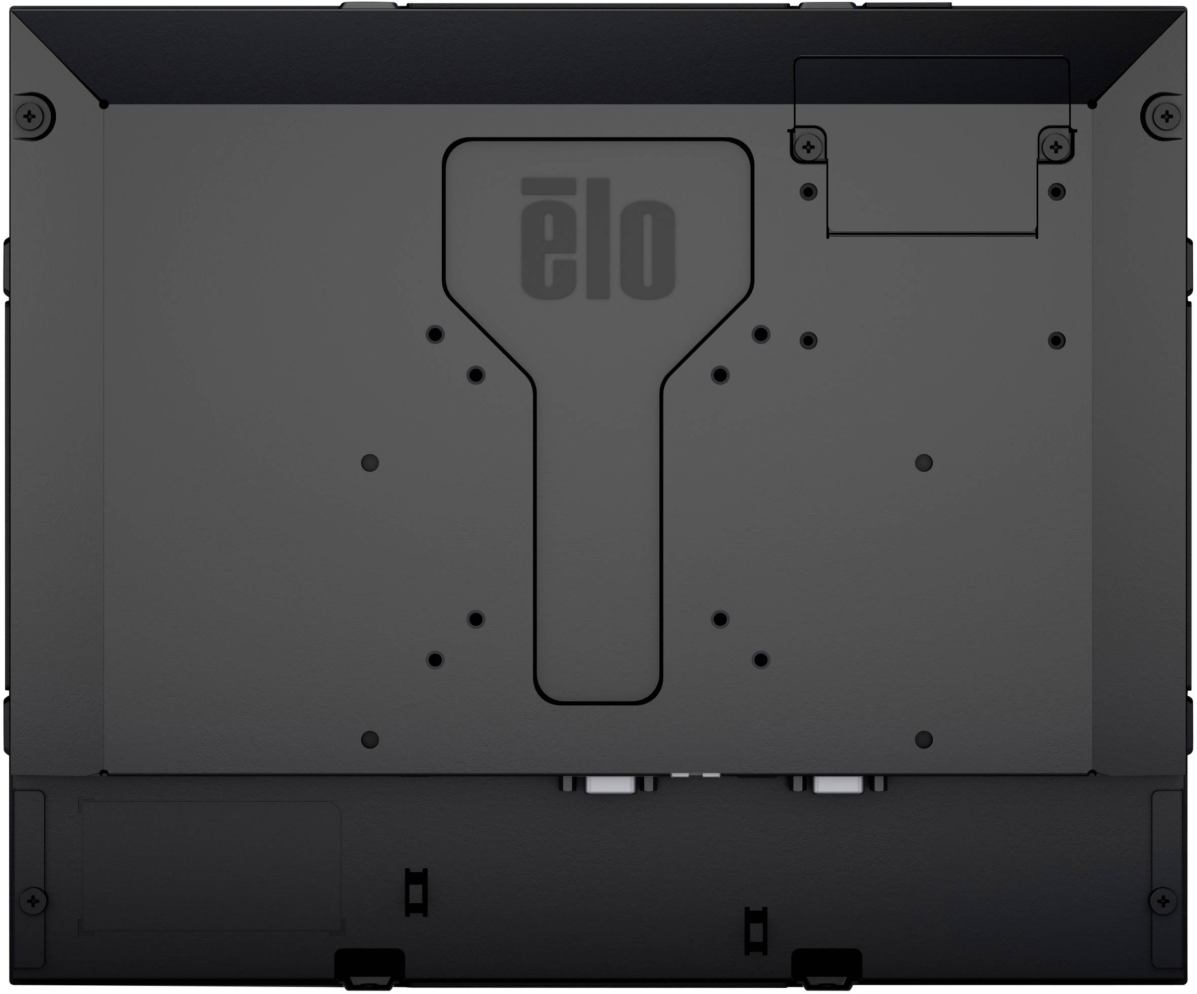 Back of an electronic device with the inscription 'elo', several screw holes, and a removable cover area.