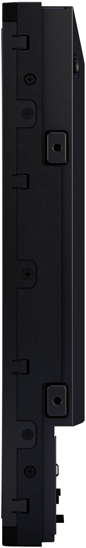 Slender side view of an electronic device with multiple ports and screws, demonstrating its slim design.