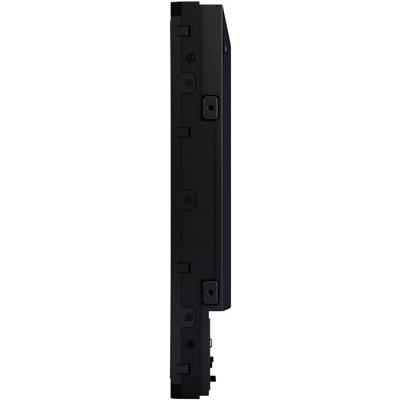 Slender side view of an electronic device with multiple ports and screws, demonstrating its slim design.
