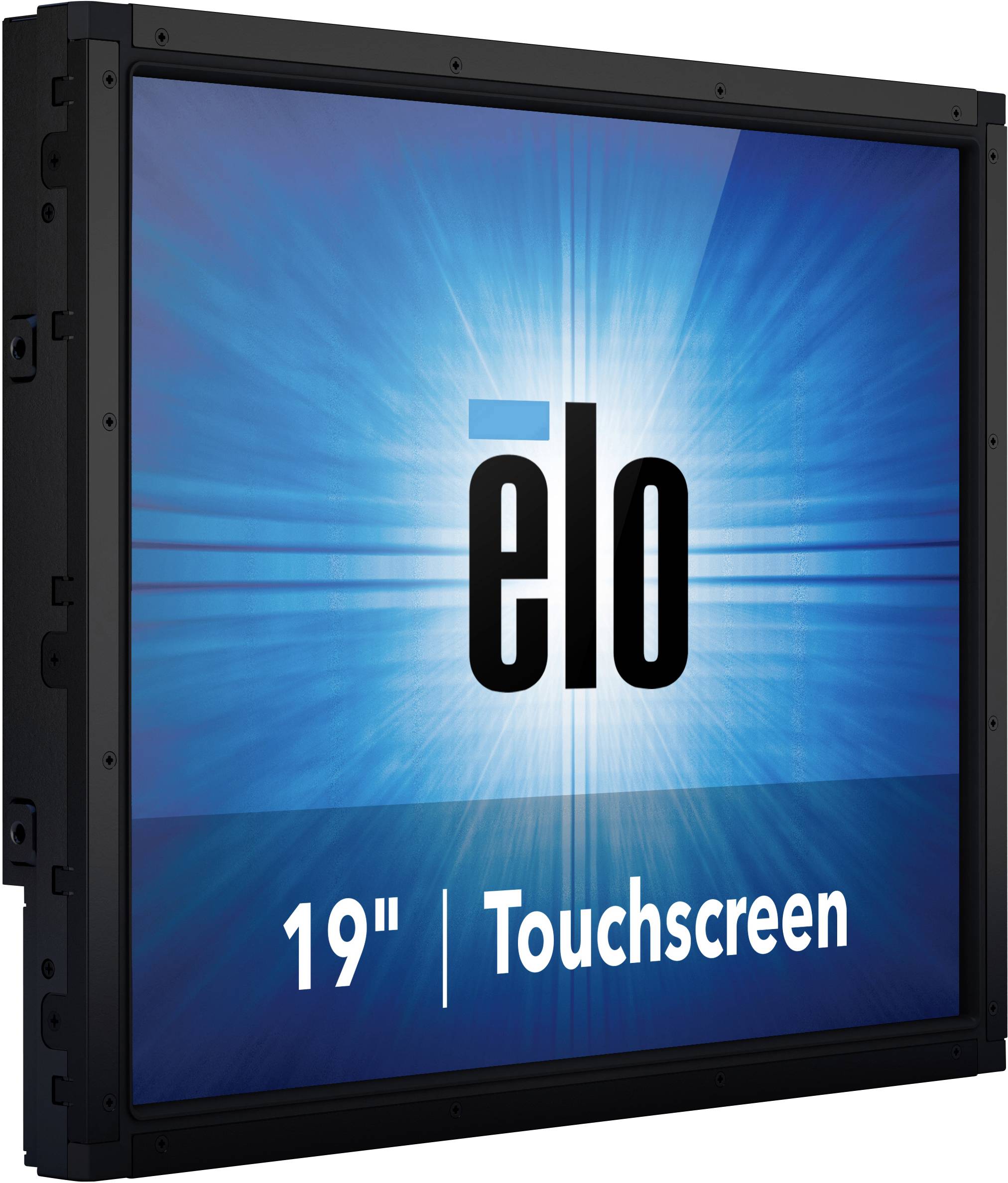 '19-inch Touchscreen by Elo, with a blue illuminated background and black border.'