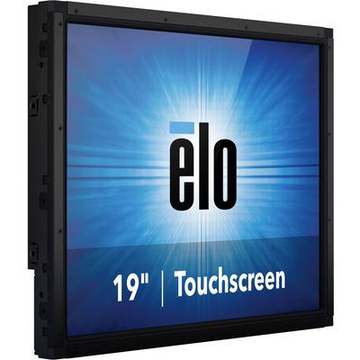 '19-inch Touchscreen by Elo, with a blue illuminated background and black border.'