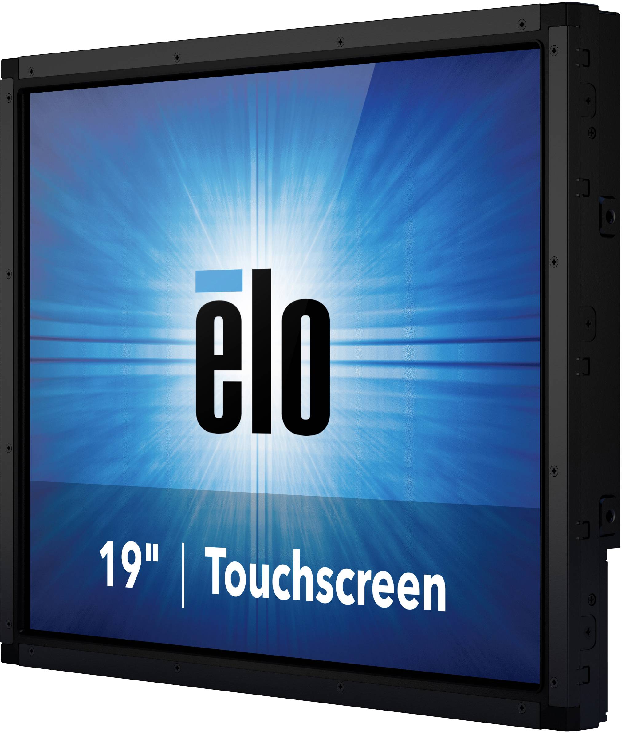 '19-inch Touchscreen by Elo with blue background and white radial pattern.'