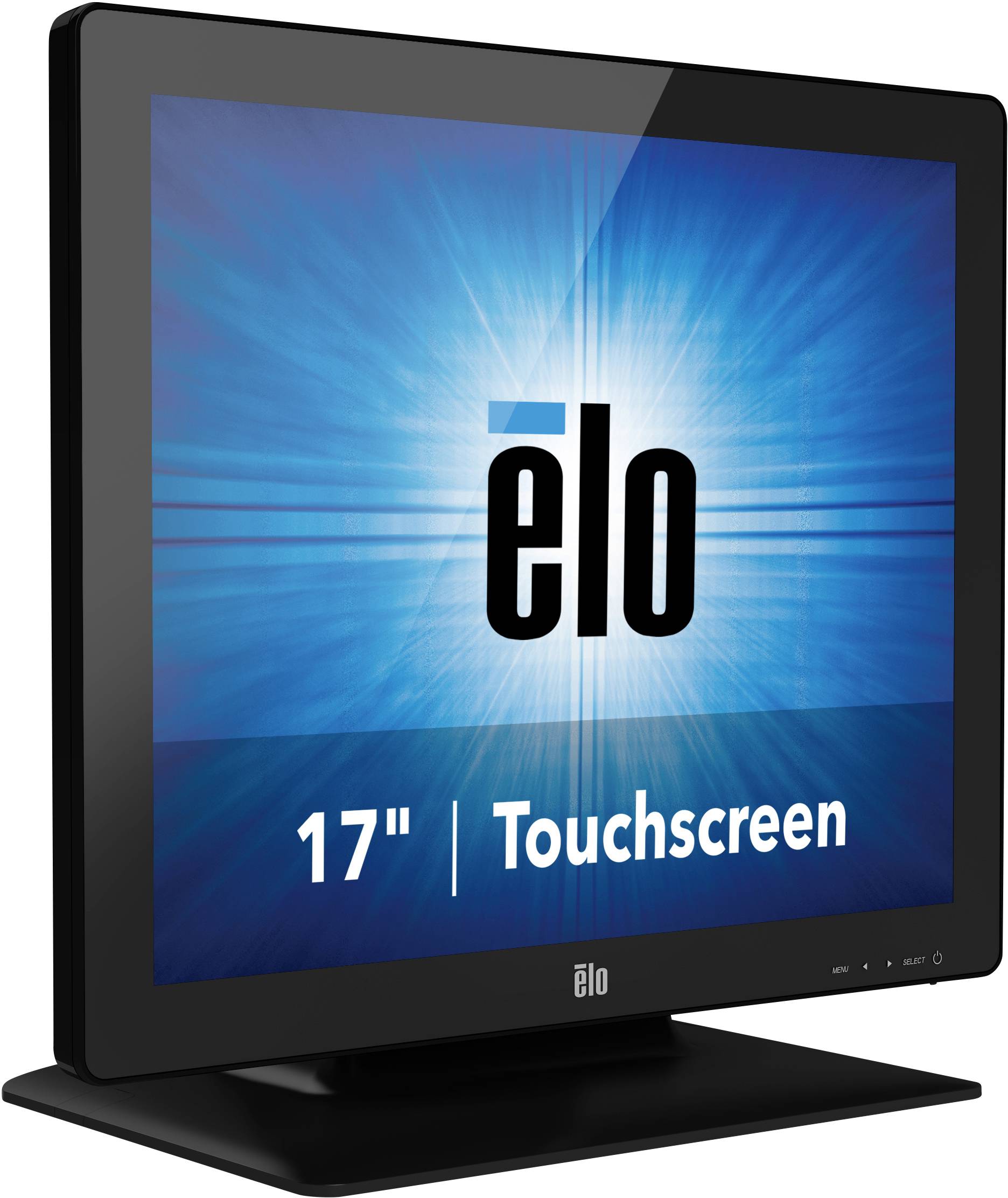 A black 17-inch touchscreen monitor with a blue background and the 'elo' logo in the centre. Ideal for interactive applications.