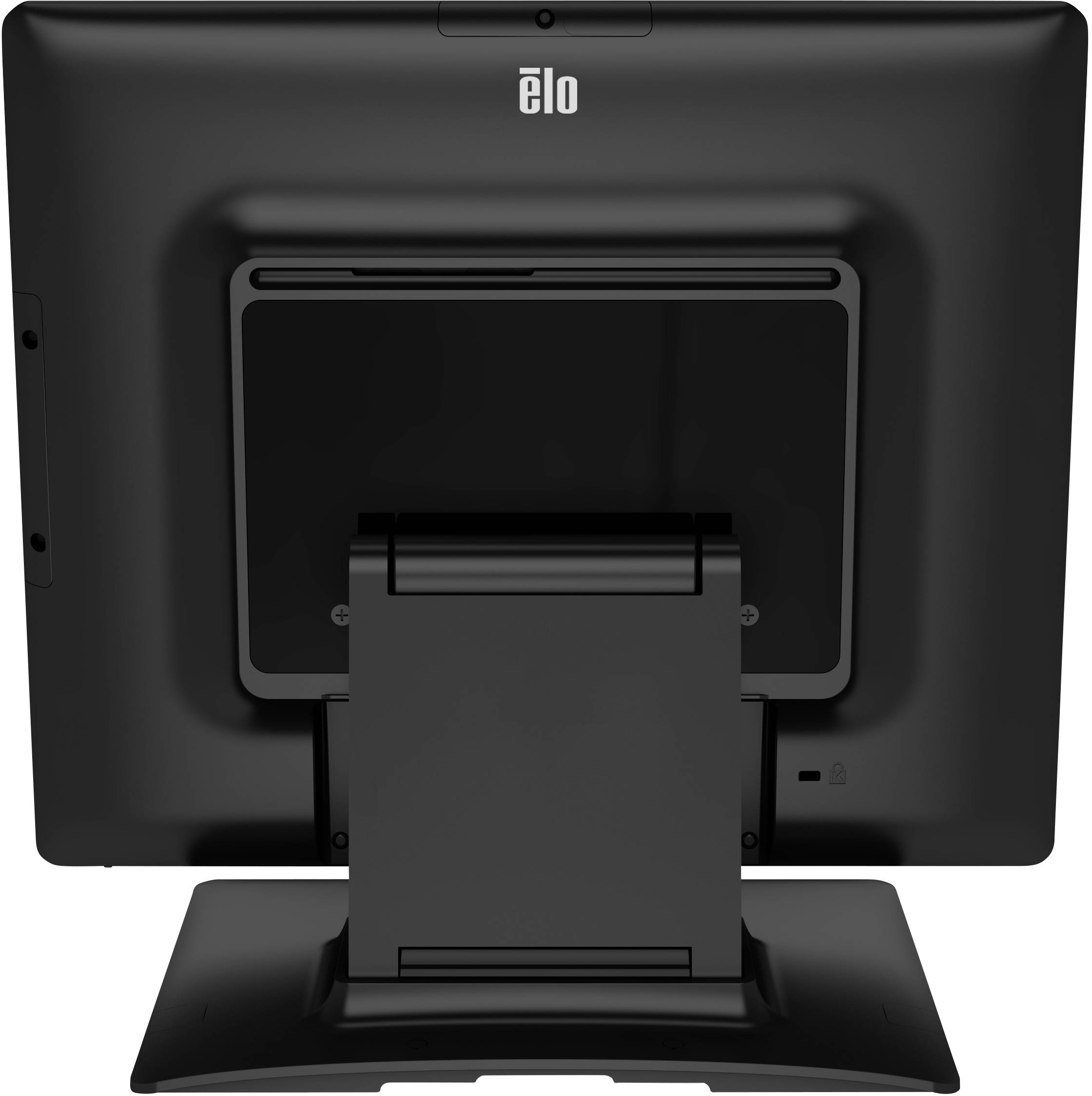 Rear view of a black monitor on a stand. The design is minimalist, with a rectangular base and a sturdy mounting arm.