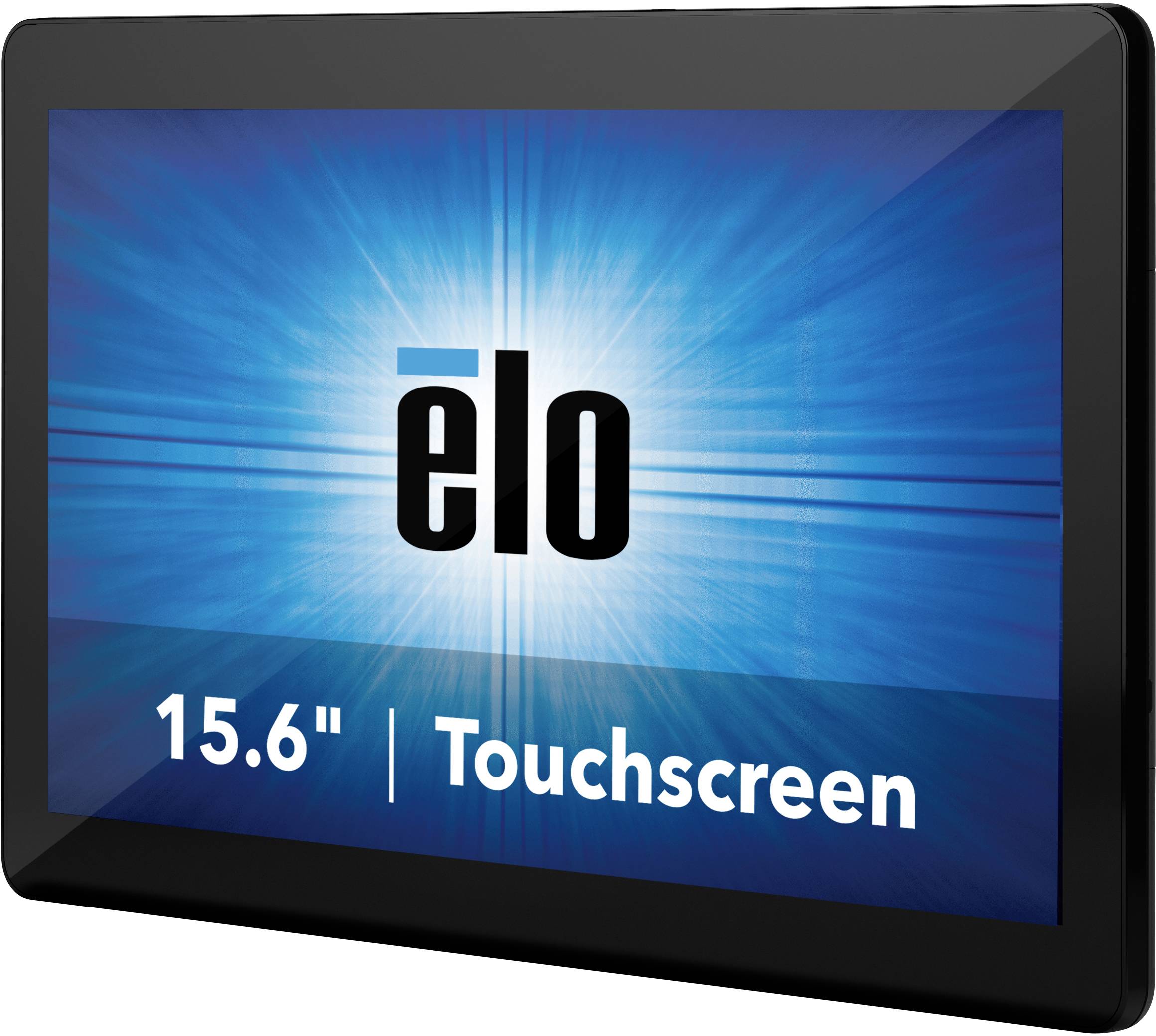 A 15.6-inch touchscreen from Elo is displayed with a bright blue background.
