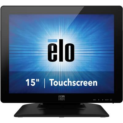 A black 15-inch touchscreen monitor with the 'elo' logo on a blue background.