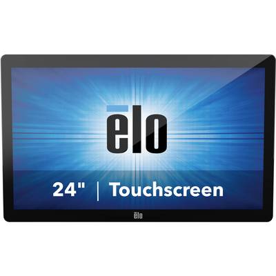 A 24-inch touchscreen monitor with the 'elo' logo in the centre, against a blue, radiating background.