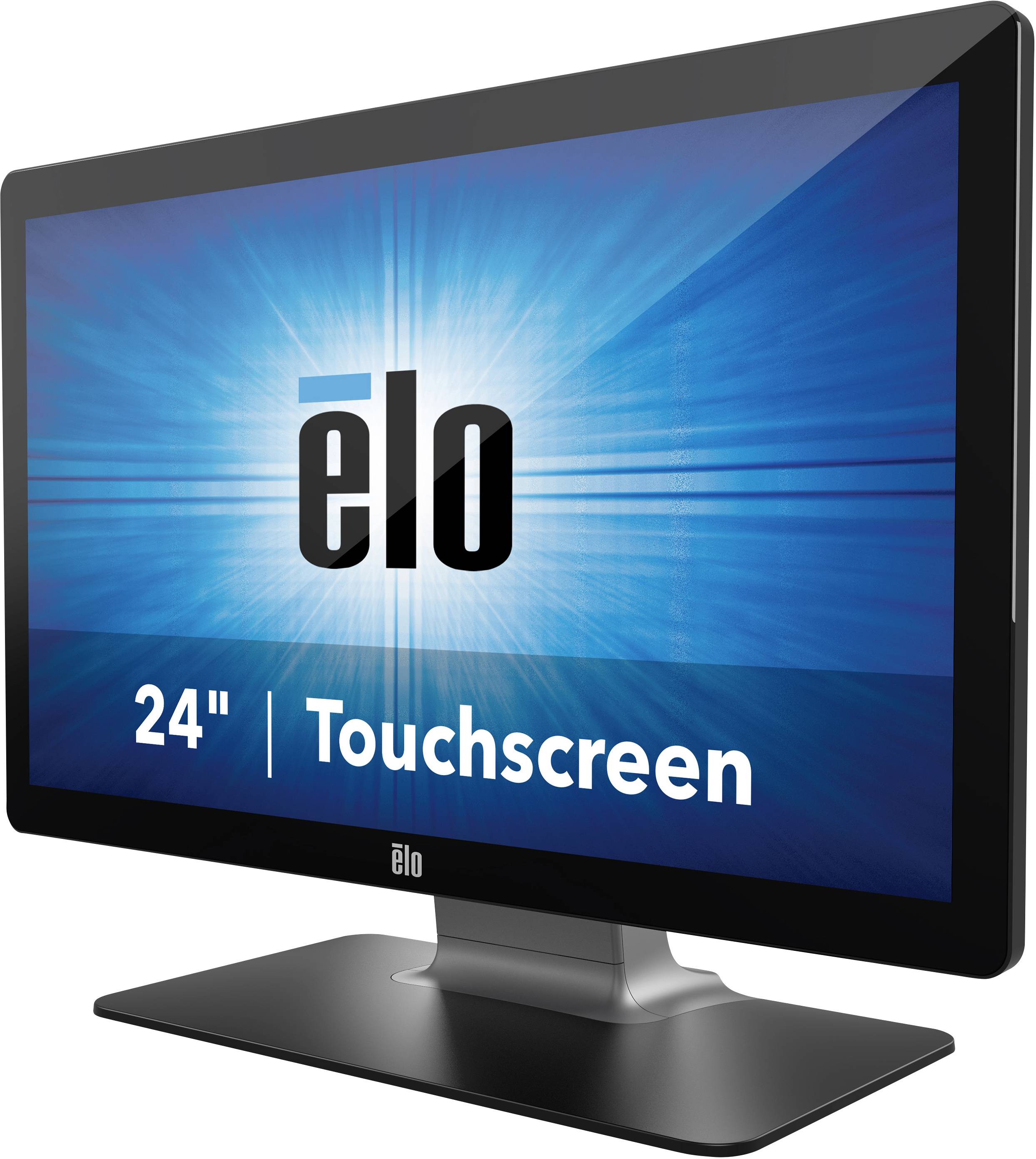 A 24-inch touchscreen with the 'elo' brand logo on the display, set against a brilliantly blue background.