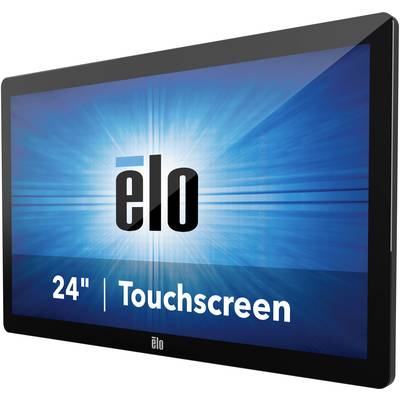 A black 24-inch touchscreen monitor by Elo Electronics against a blue background with white lettering.