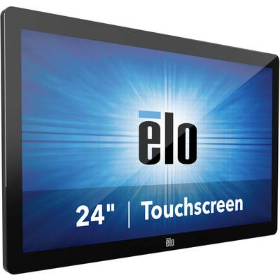 The screen displays a 24-inch Elo touchscreen with a blue background and the logo in the centre.