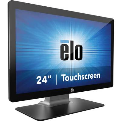 A 24-inch touchscreen monitor by Elo, shown from an angled perspective, displays the brand logo on a blue screen background.