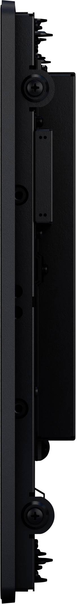 Side view of a black, flat electronic device with various ports and controls, most likely a television or monitor.