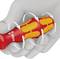 A hand is holding a screwdriver with an ergonomic handle. White arrows show how the handle is being turned.
