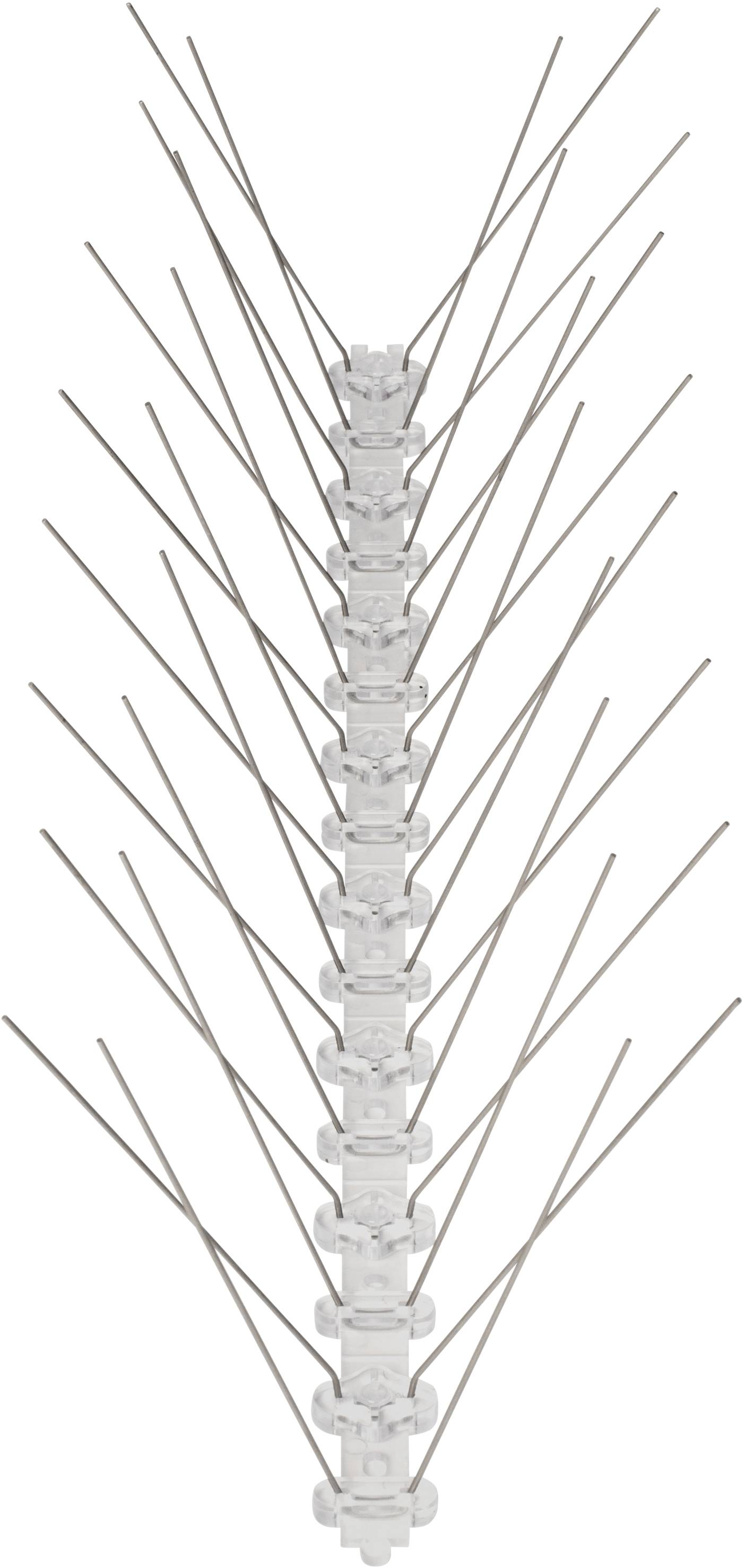 A long row of deterrent devices with pointed spikes designed to prevent birds from landing, mounted on a white surface.