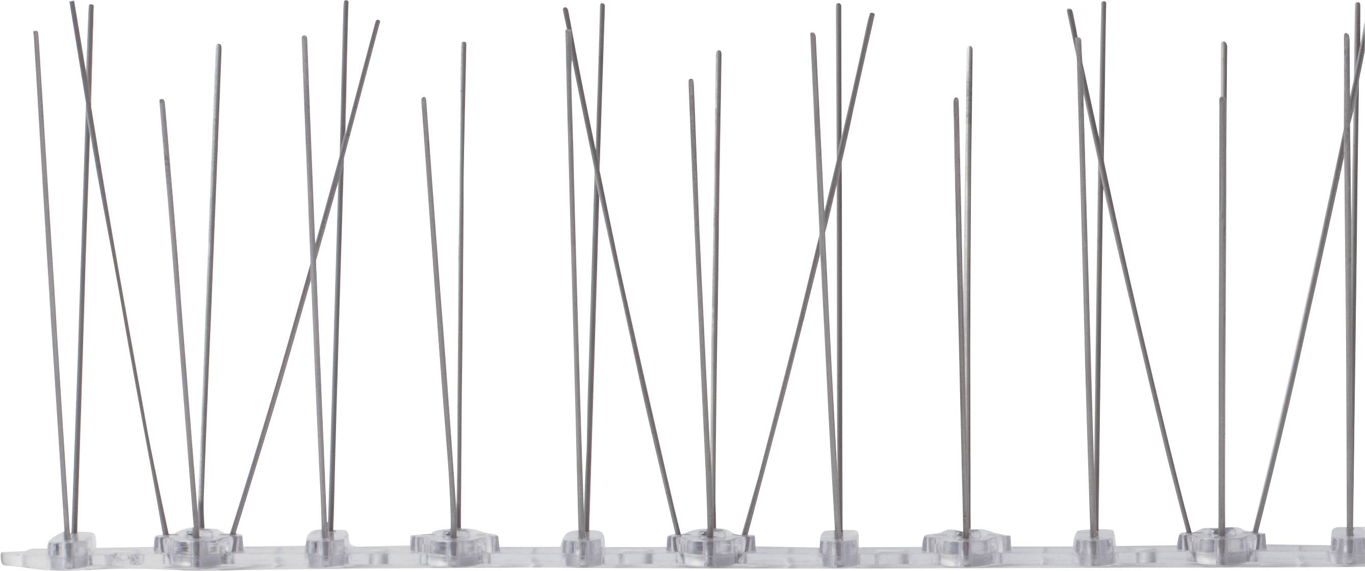 Row of metal spikes on a base, likely a bird deterrent system designed to prevent birds from perching.