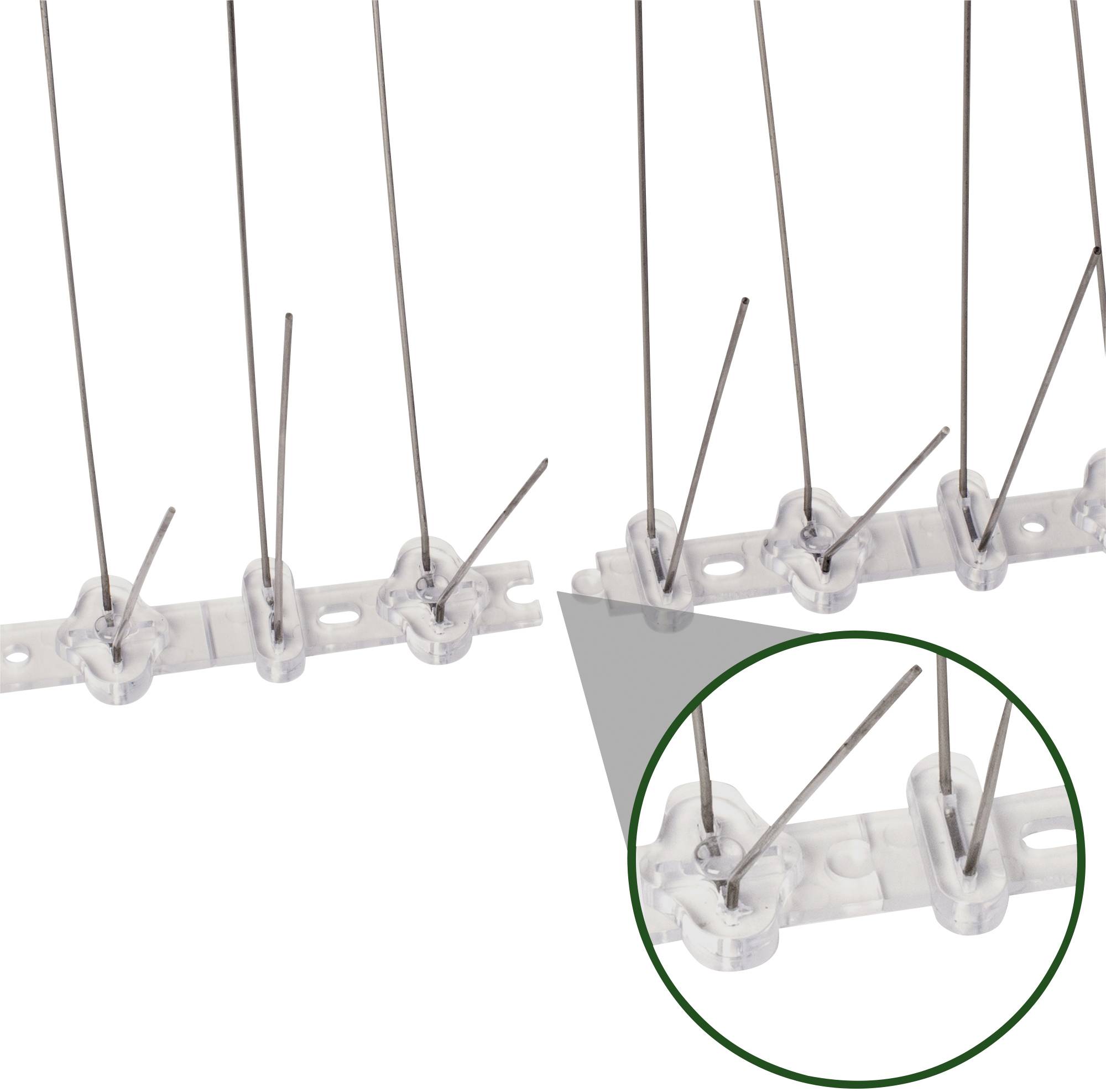 Barbed wire prevention kit with metal pins on a plastic base, suitable for deterring birds from roofs and ledges.