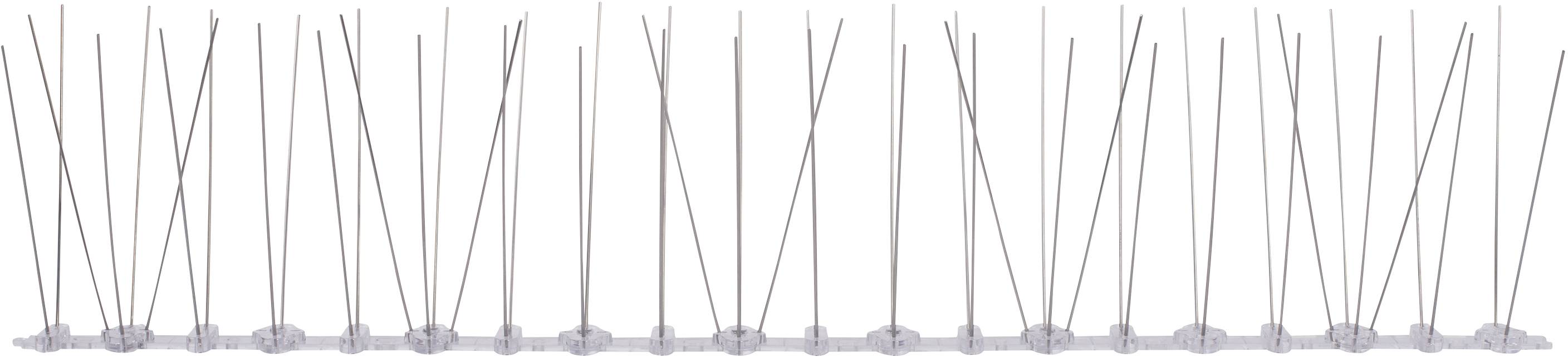 Row of metal poles of varying heights, arranged in a straight line, possibly to deter birds.