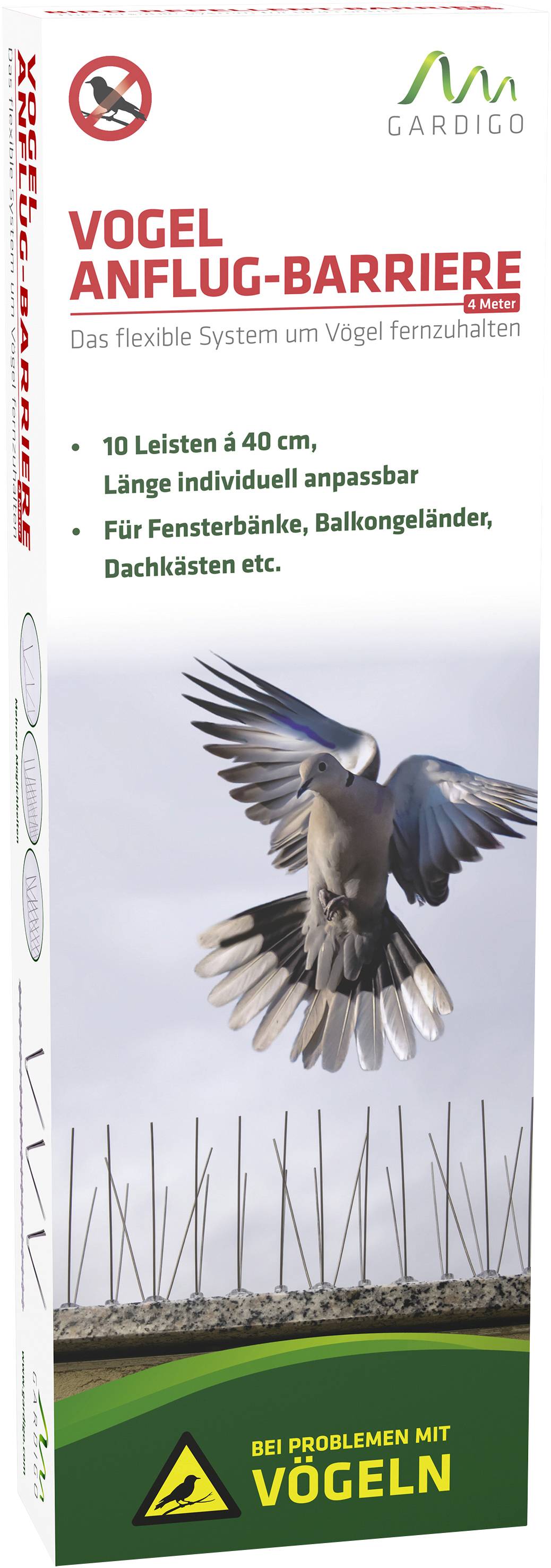 'Packaging shows bird deterrent system: ten strips with 40 cm length for adaptation. Applicable to benches, balcony railings, roof boxes.'