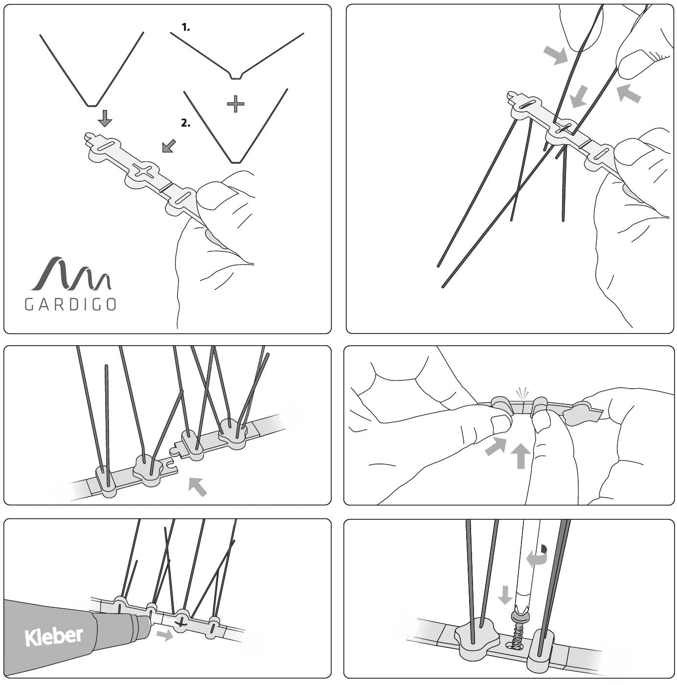'Installation Instructions for Gardigo Cable Holder: 1. Position cable, 2. Compress holder, 3. Apply adhesive, 4. Secure cable.'