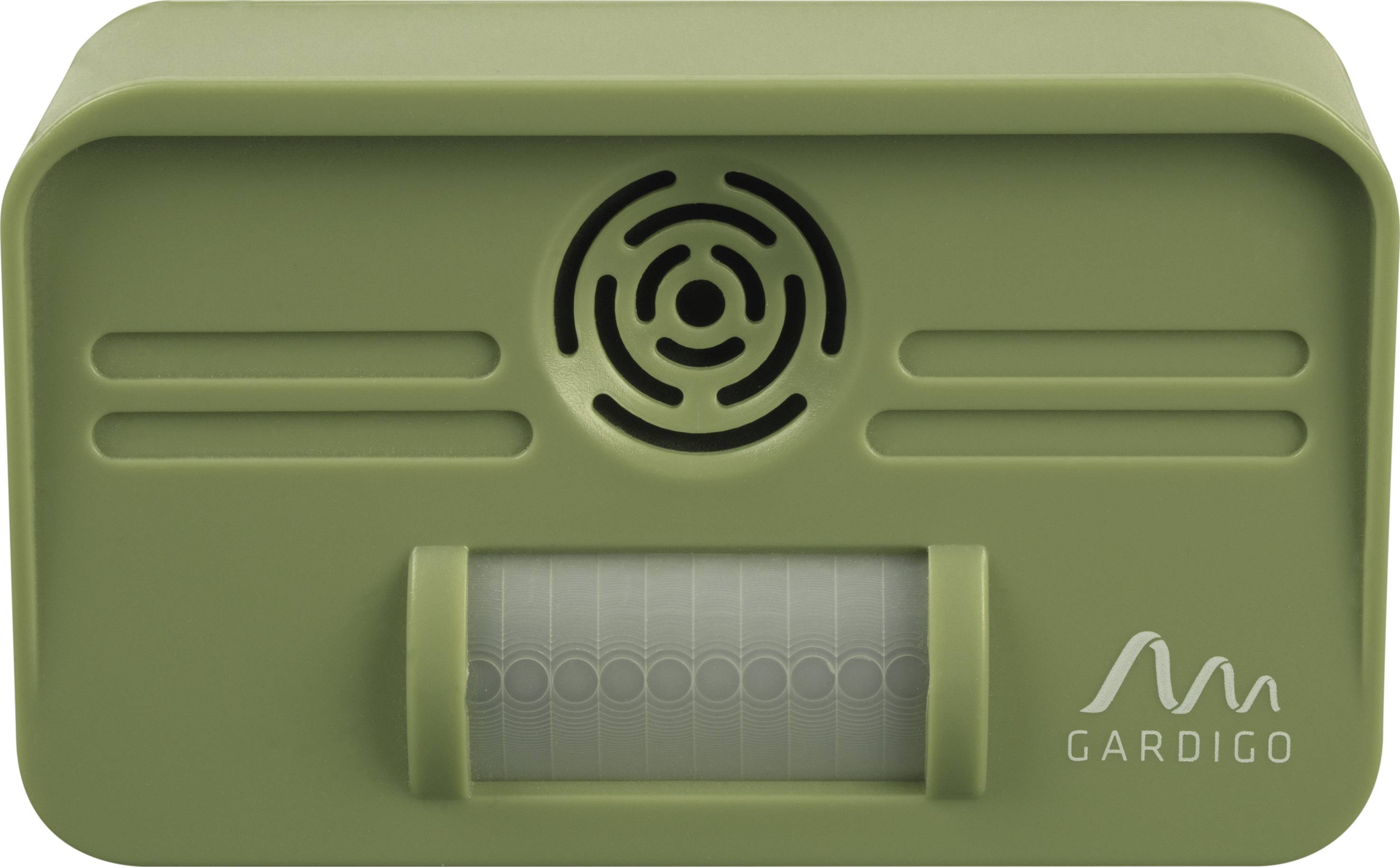 Green ultrasonic pest repeller with speaker and motion sensor. 'Gardigo' brand logo in bottom right corner.