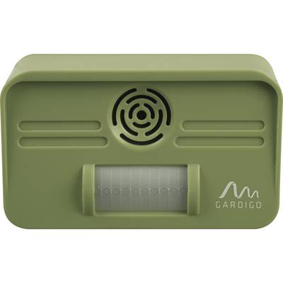 Green ultrasonic pest repeller with speaker and motion sensor. 'Gardigo' brand logo in bottom right corner.