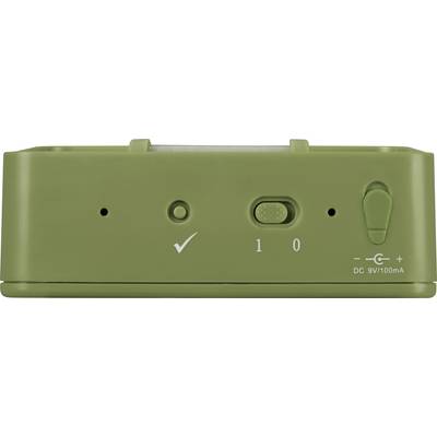 A green electronic device with an on/off switch and a direct current socket for 9V/100mA, pictured from the front.