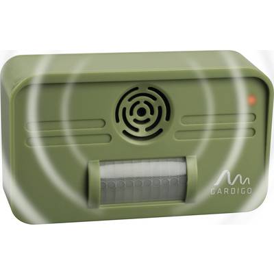 Green animal deterrent with ultrasonic sensor and red light signal, brand 'Gardigo'.