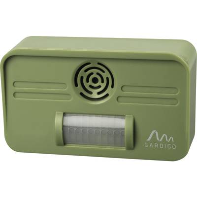 Green electronic device with speaker and sensor from 'GARDIGO', potentially suitable for pest control or animal deterrence.