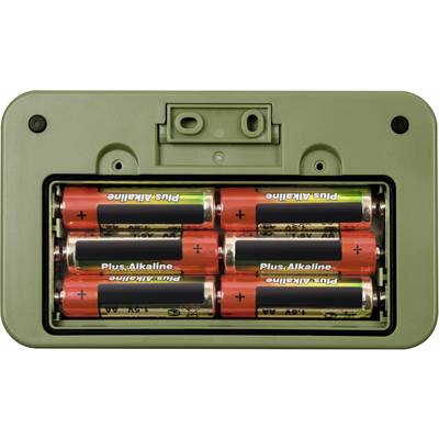 Six AA batteries inserted in a green battery compartment.