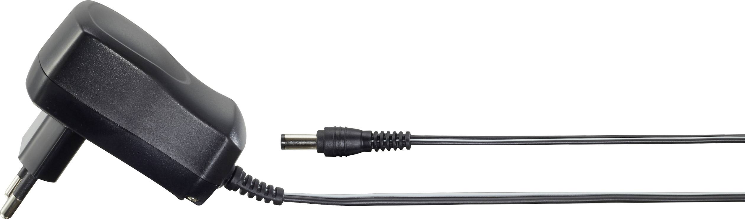 A black power supply with EU plug and a long cable.